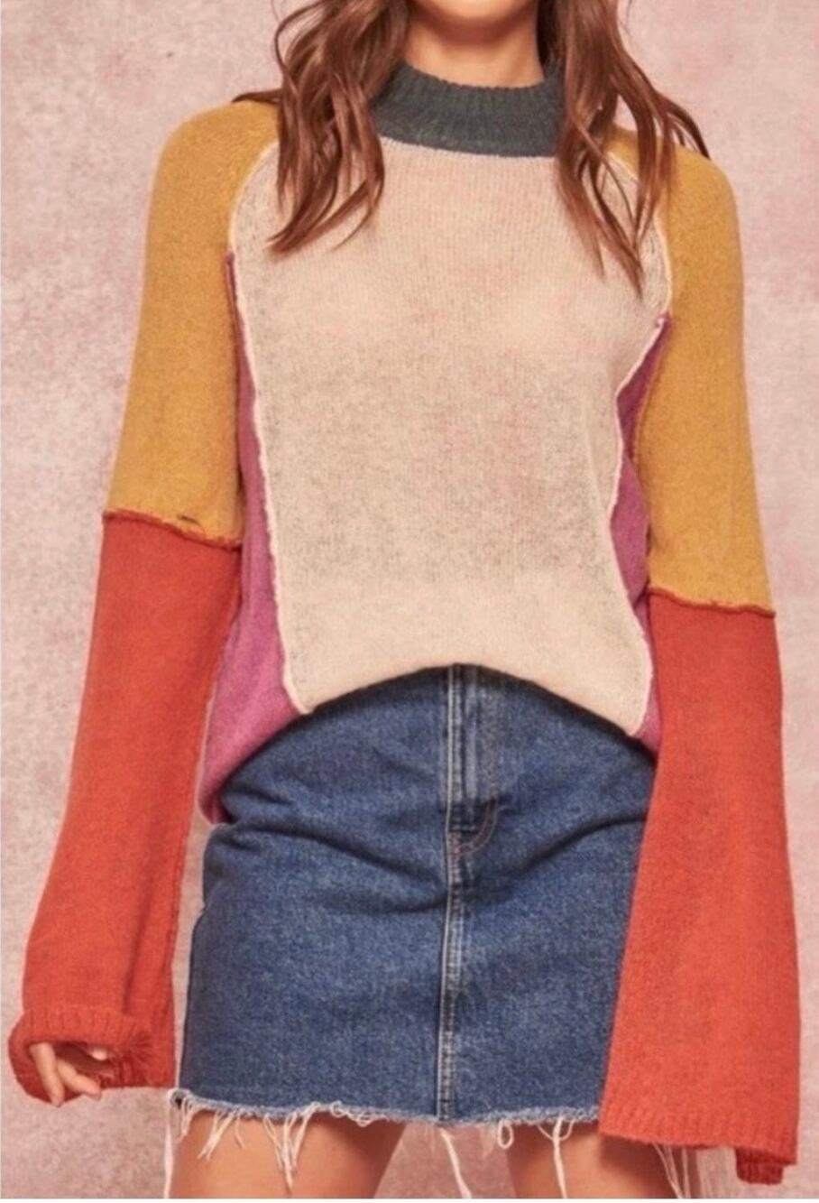 Oversized Color Block mohair/wool blend bell sleeve sweater - size M